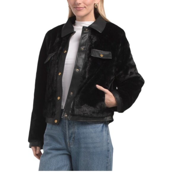 REBECCA MINKOFF Cropped Faux Fur Collared Coat - Picture 1 of 4